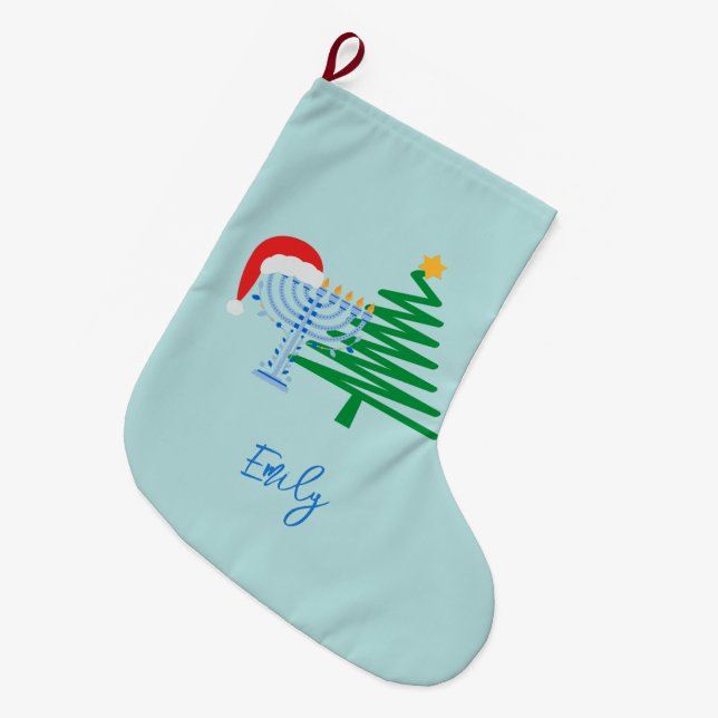Anpassningsbar Blue Chrismukah Stocking Stor Julstrumpa (Framsidan (Hängande))