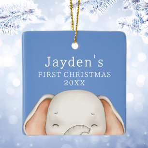 Anpassningsbar Blue Cute Elephant Pojke Första jul Julgransprydnad Keramik