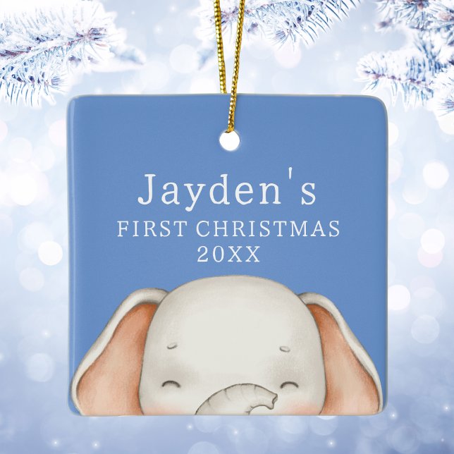 Anpassningsbar Blue Cute Elephant Pojke Första jul Julgransprydnad Keramik (Custom Blue Cute Elephant Baby Boy First Christmas Ceramic Ornament
)