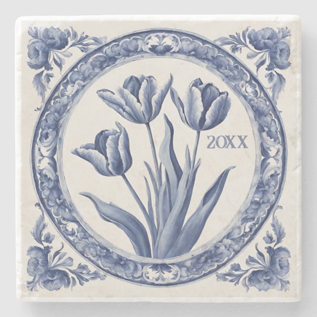 Anpassningsbar Blue Delft Tulips Souvenir Stenunderlägg (Framsidan)