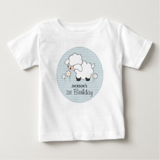 Anpassningsbar Blue Gingham Lamb födelsedag Tee Shirt