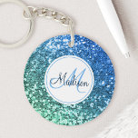 Anpassningsbar Blue Glitter Sjöjungfru Monogrammed<br><div class="desc">Anpassa enkelt denna vackra glatt blå faux-nyckelkedja i glitter med ditt anpassningsbar monogram och namn.</div>