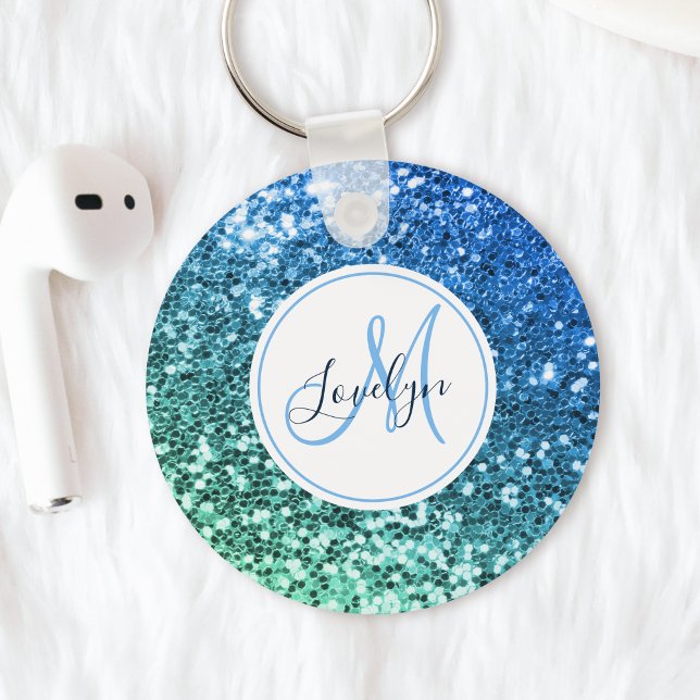 Anpassningsbar Blue Glitter Sjöjungfru Monogrammed Nyckelring (Skapare uppladdad)