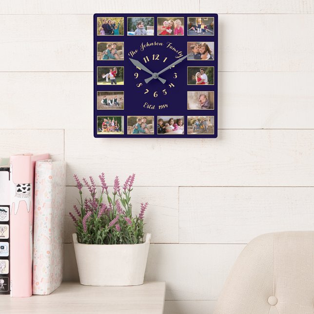 Anpassningsbar Blue Guld Family Photo Bröllop årsd Fyrkantig Klocka (Custom Blue Gold Family Photo Wedding Anniversary Square Wall Clock)