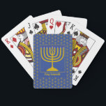 Anpassningsbar Blue Hanukkah MENORAH<br><div class="desc">Elegant mitt i blått MENORAH-kort, som visas med faux guld-menorah i ett mönster i sidled. I mitten finns en bild av en stor menorah som är ANPASSADE, så att du kan överföra din egen bild. Under texten står CHAG SAMEACH. Det här är också anpassade så att du kan lägga till...</div>