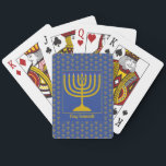 Anpassningsbar Blue Hanukkah MENORAH Casinokort<br><div class="desc">Elegant mitt i blått MENORAH-kort, som visas med faux guld-menorah i ett mönster i sidled. I mitten finns en bild av en stor menorah som är ANPASSADE, så att du kan överföra din egen bild. Under texten står CHAG SAMEACH. Det här är också anpassade så att du kan lägga till...</div>