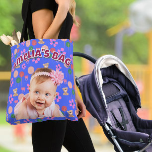 Anpassningsbar Blue Lila Baby Photo med Nallar Tygkasse