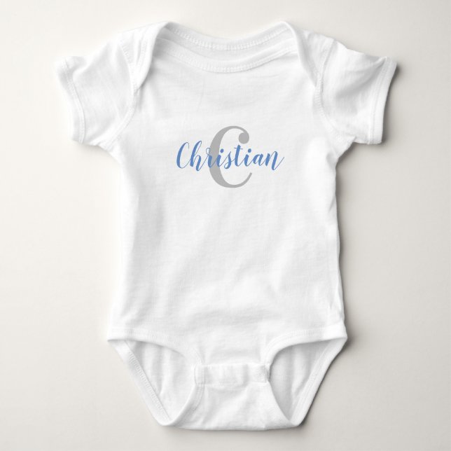 Anpassningsbar Blue Namn och Grått Initial Baby T- T Shirt (Framsida)
