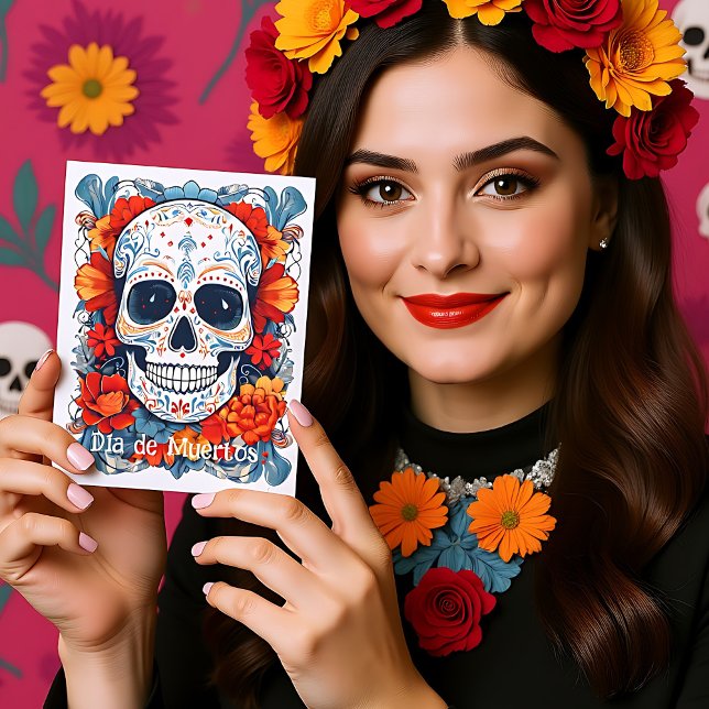 Anpassningsbar blue och red Día de Muertos Helg Vykort (Custom text blue and red Día de Muertos Holiday Postcard)