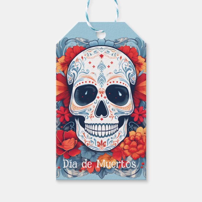 Anpassningsbar blue och red Día de Muertos Presentetikett (Framsidan)