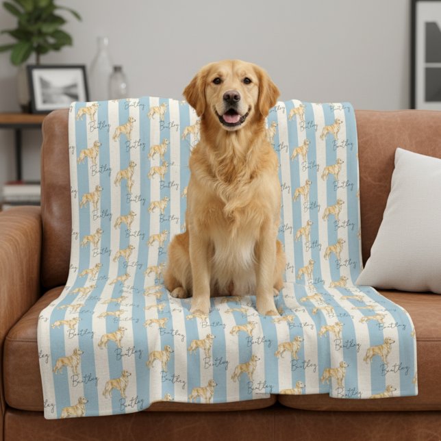 Anpassningsbar Blue Rand Golden Retriever Pet Namn Fleecefilt (Get cozy with this "Custom Blue Stripe Golden Retriever Pet Name Fleece Blanket"! )