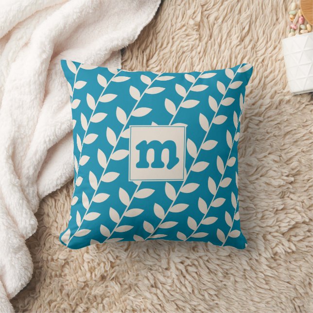 Anpassningsbar Blue Retro Löv Mönster Monogram Kudde (Filt)
