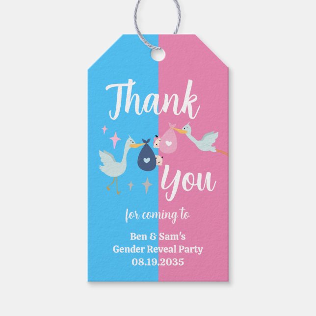 Anpassningsbar Blue Rosa Gender Reveal Party Tack Presentetikett (Framsidan)