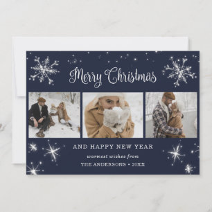 Anpassningsbar Blue Sparkly Snowflake Photo Collag Julkort
