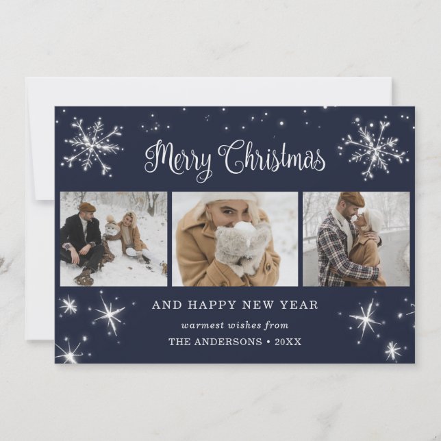 Anpassningsbar Blue Sparkly Snowflake Photo Collag Julkort (Framsida)