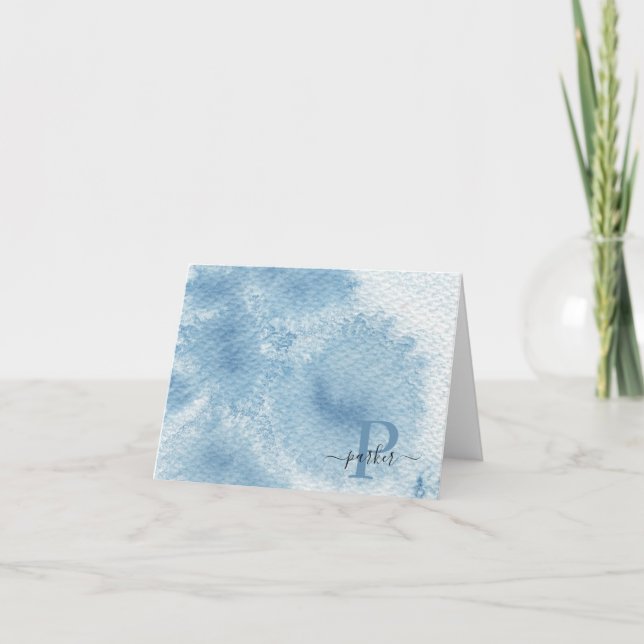 Anpassningsbar Blue Watercolor Initial Namn Monogr Tack Kort (Framsida)