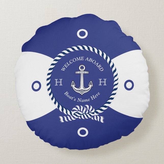 Anpassningsbar Blue White Anchor Life Ring Nautica Rund Kudde (Baksidan)