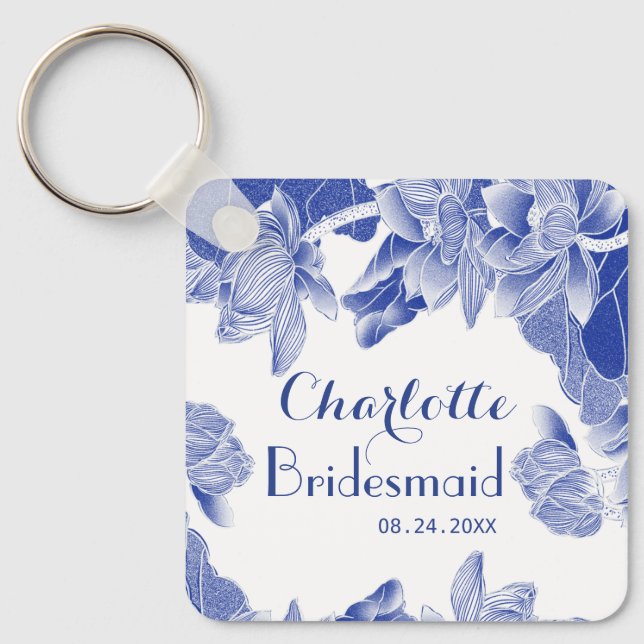 Anpassningsbar Blue White Blommigt Bridesmaid Wedd Nyckelring (Framsida)