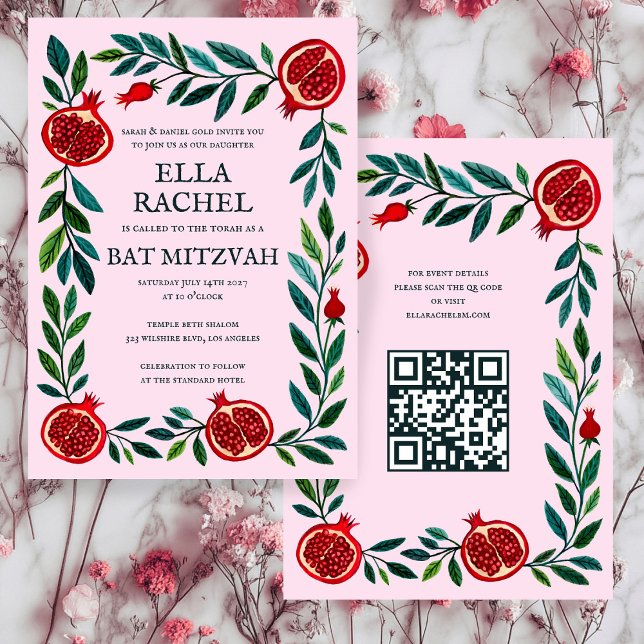 Anpassningsbar B'nai Fladdermus Pub Mitzvah QR-kod Inbjudningar (Pomegranates Custom B'nai Bat Bar Mitzvah QR Code Invitation
)