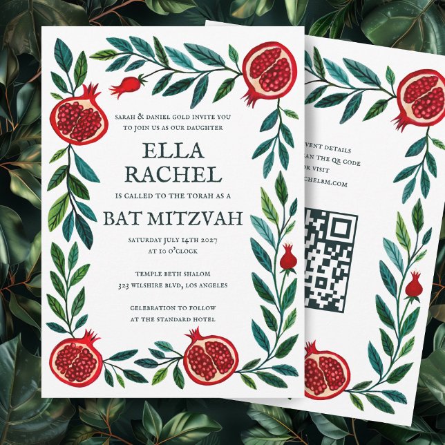 Anpassningsbar B'nai Fladdermus Pub Mitzvah QR-kod Inbjudningar (Pomegranates Custom B'nai Bat Bar Mitzvah QR Code Invitation Jewish Digital Download Botanical 
)