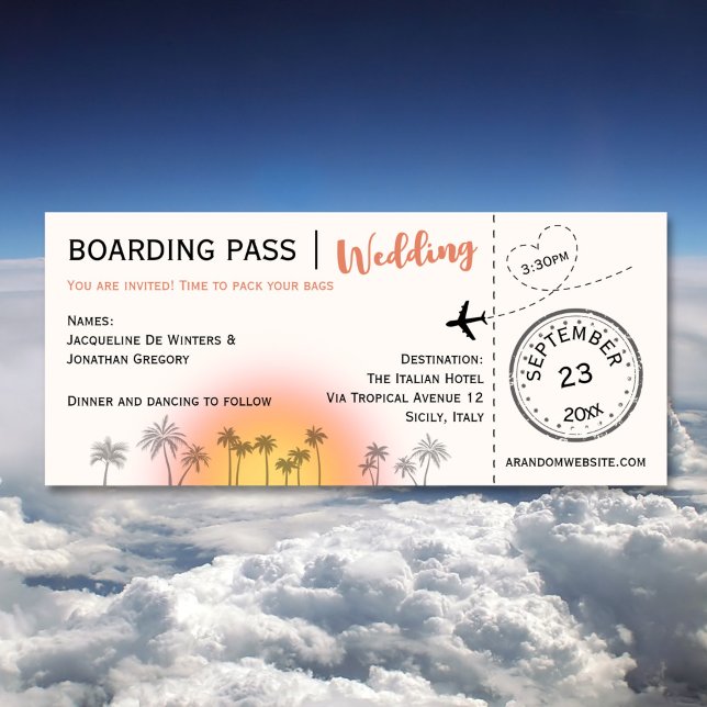 Anpassningsbar Boarding Pass Tropical Sunset Bröll Inbjudningar (Skapare uppladdad)