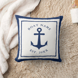 Anpassningsbar Boat Namn Anchor White Navy Nautica Kudde