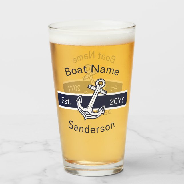 Anpassningsbar Boat Namn Nautical Anchor Navy Blue Glaskopp (Baksida fylld)