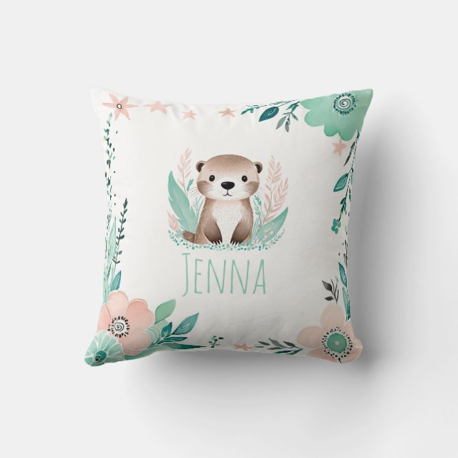 Anpassningsbar Boho Baby Otter Pillow Pastel Grönt Kudde (Baksida)