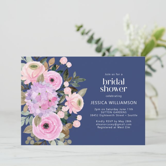 Anpassningsbar Boho Blue Rosa Lila Blommigt Möhipp Inbjudningar (Stående Fram)