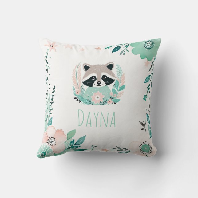 Anpassningsbar Boho Cute Raccoon Pillow Pastel Grö Kudde (Baksida)