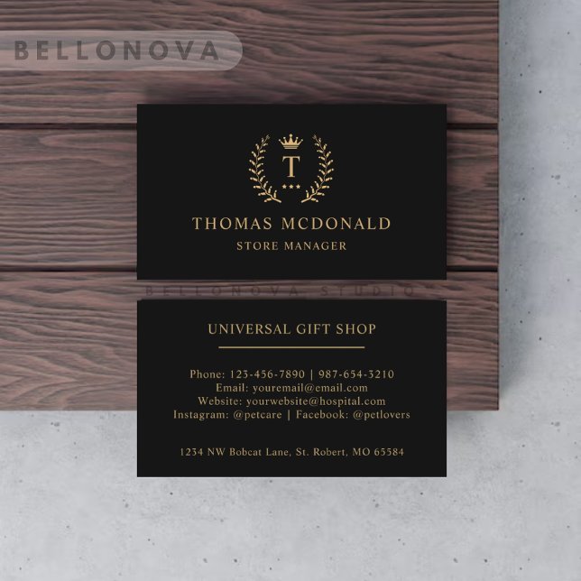 Anpassningsbar - början och Namn - svart och Guld  Visitkort (Custom Initial & Name Black And Gold Monogrammed Business Card)