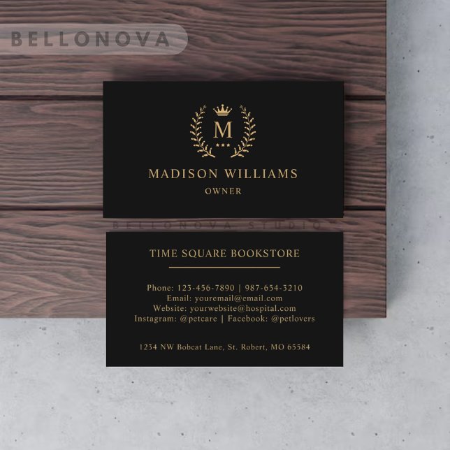 Anpassningsbar - början och Namn - svart och Guld  Visitkort (Custom Initial & Name Black And Gold Monogrammed Business Card)