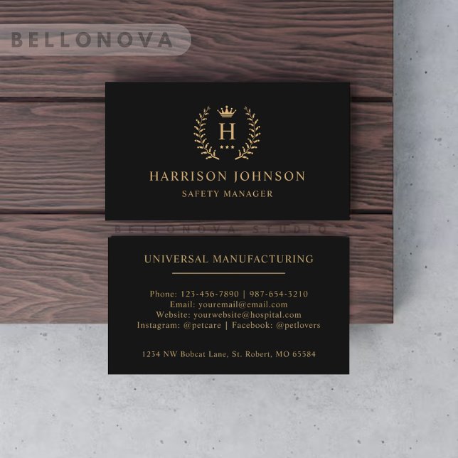Anpassningsbar - början och Namn - svart och Guld  Visitkort (Custom Initial & Name Black And Gold Monogrammed Business Card)