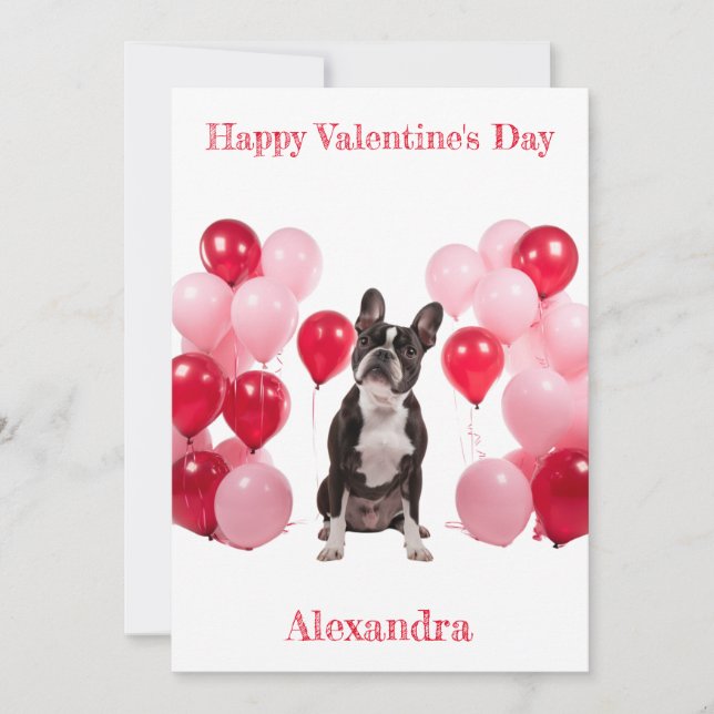 Anpassningsbar Boston Terrier Rosa Red Balloons Va Julkort (Framsida)