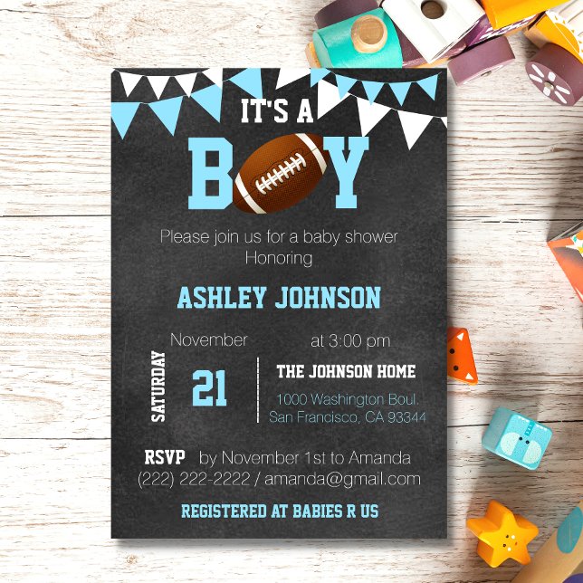 Anpassningsbar Boy Chalkboard Football Theme Baby  Inbjudningar (Custom Boy Chalkboard Football Sport Theme Baby Shower Invitation)