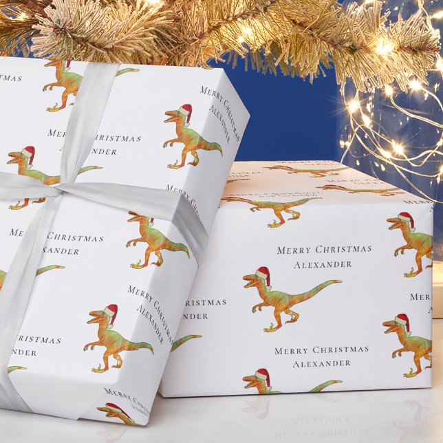 Anpassningsbar Boy Namn jul Dinosaur Velociraptor Presentpapper (Personalized boy name merry Christmas dinosaur velociraptor Santa white modern gift wrapping paper)