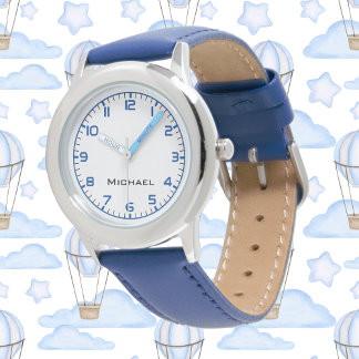 Anpassningsbar Boy Namn Steel Blue Leather Strap K Armbandsur