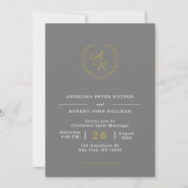 Anpassningsbar Branded Grått och Guld Elegant bröl Inbjudningar (Framsida)