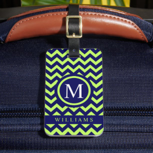 Anpassningsbar Bright Lime Green Navy Blue Chevron Bagagebricka