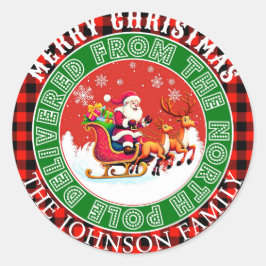 Anpassningsbar buffalo röd plaid God jul Santa Runt Klistermärke