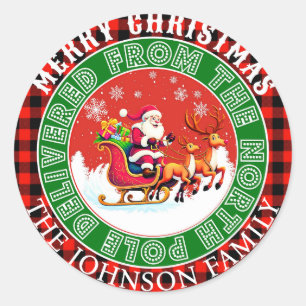 Anpassningsbar buffalo röd plaid God jul Santa Runt Klistermärke