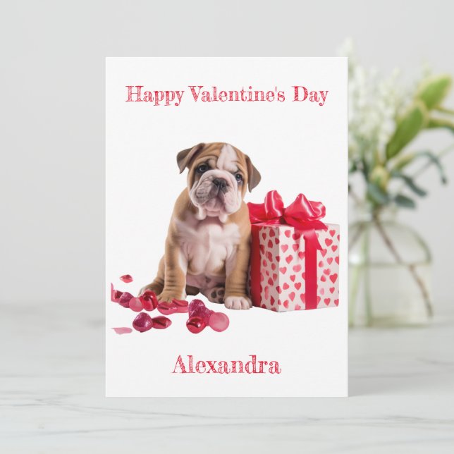 Anpassningsbar Bulldog med box med Bow Valentine Julkort (Stående Fram)