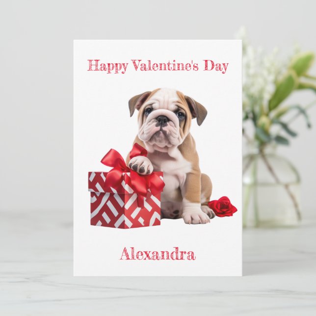 Anpassningsbar Bulldog med Red Gift Box Valentine Julkort (Stående Fram)