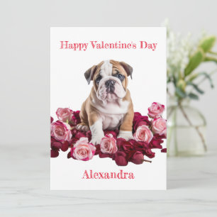 Anpassningsbar Bulldog med Rosa och Röd ros Valent Julkort