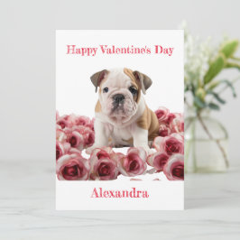 Anpassningsbar Bulldog med Rosa ros Valentine Julkort