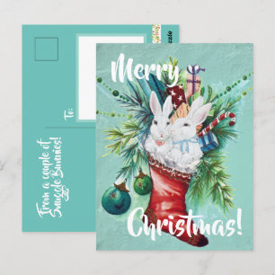 Anpassningsbar Bunny Rabbit Julafton Stocking Blue Vykort