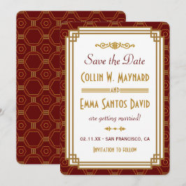 Anpassningsbar Burgundy Art Deco Save The Date Inbjudningar