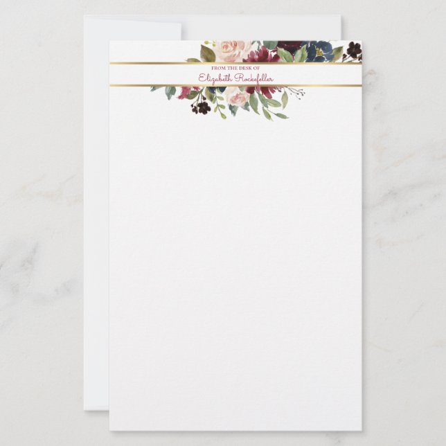 Anpassningsbar Burgundy Navy Guld Boho Blommigt Bo Brevpapper (Framsida)