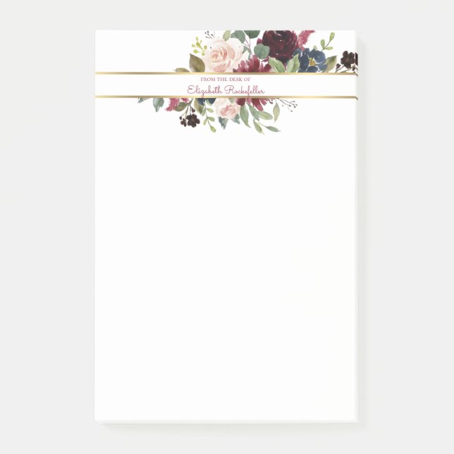 Anpassningsbar Burgundy Navy Guld Boho Blommigt Bo Post-it Block (Framsida)