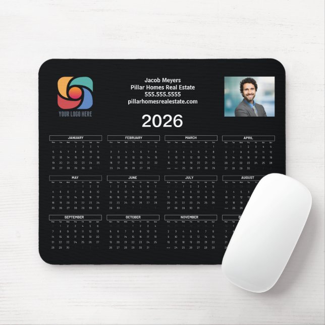 Anpassningsbar Business Logotyp 2026 Calendar Blac Musmatta (Med mus)